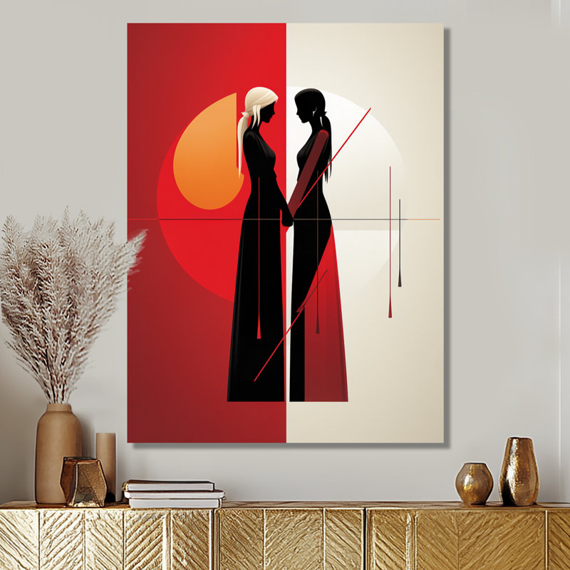 Silhouette géométrique Couple tenant par la main - Couple, art mural, Toile tendue, H 32 po x l 16 po x P 1 po