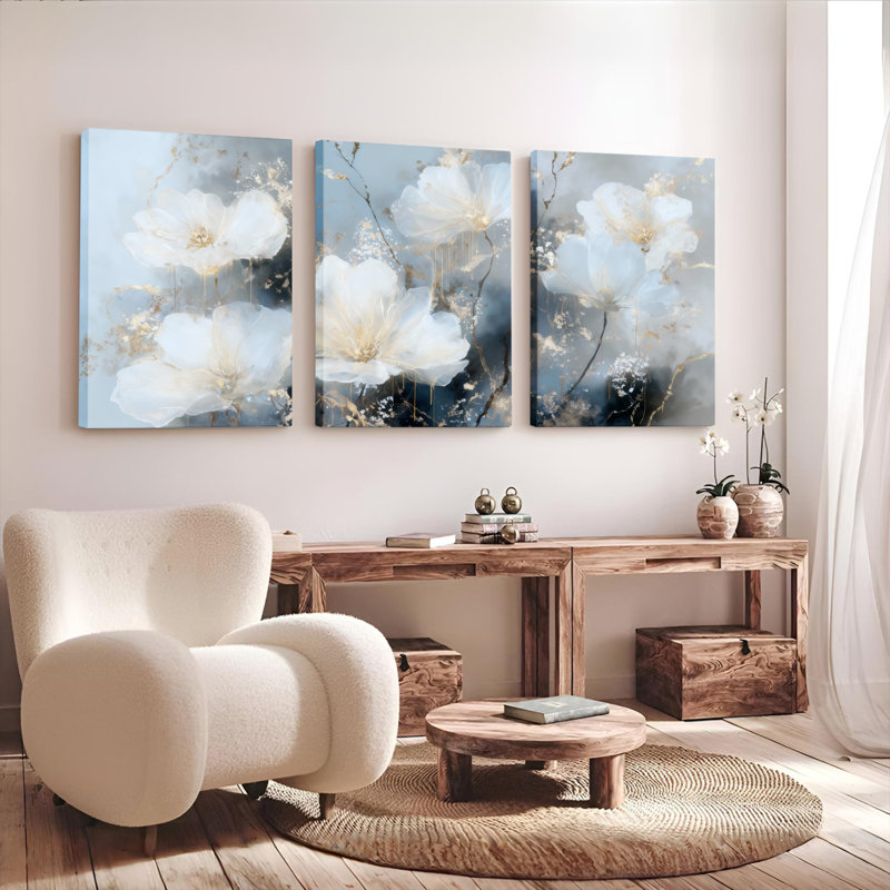 Ensemble de 3 tableaux abstraits floraux blancs sur toile tendue, pour la décoration du salon, H 18 po x l 36 po