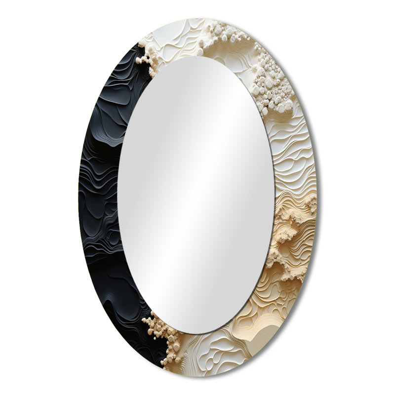 Peinture abstraite liquide crème et noire - Grand miroir mural ovale sur métal, 36 po x 24 po