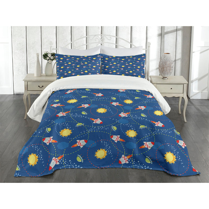 Ambesonne Space Bedspread Set  Little Cartoon Rocket  Multicolor, King Coverlet / Bedspread + 2 Standard Shams