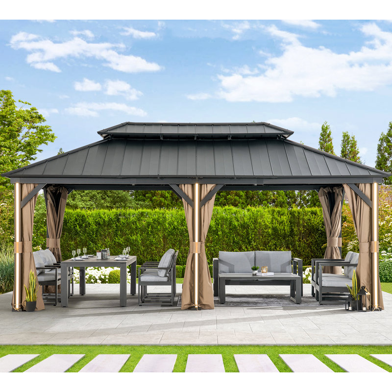 Stratford 12’ X 20’ Aluminum Galvanized Hard Top Gazebo,Double Roof With Curtain, Netting, LED Lighting And Charging Port