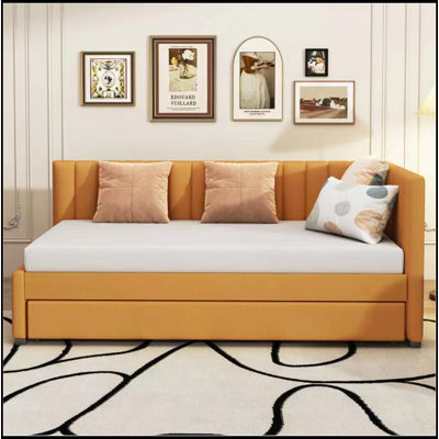 Full Size Upholstered Daybed With Trundle Sofa Bed Frame No Box Spring Needed, Linen Fabric(Pink)