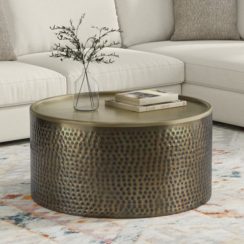 Corbin Metal Coffee Table, Boho Contemporary-Style Metal Drum Coffee Table For Living Room, Hammered Antique Gold