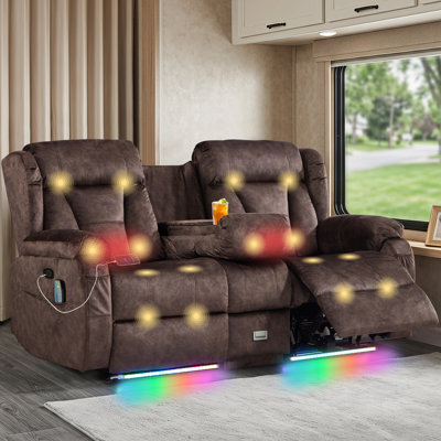 Canapé inclinable électrique Zero Wall Hugger avec chaleur et massage, canapé inclinable en velours 2 places Fabic avec console, ports USB, lumière DEL, rangement