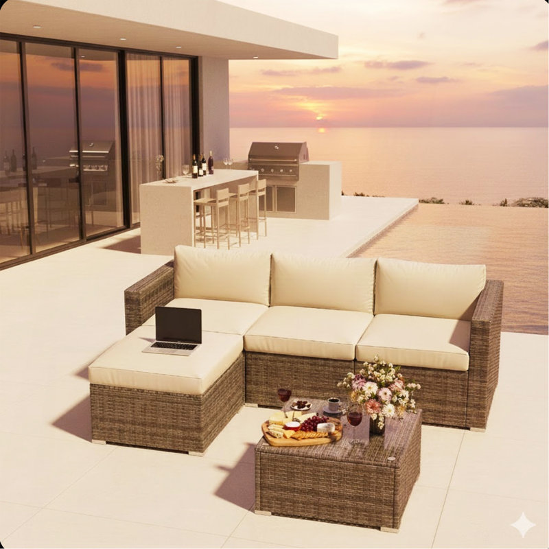 Ensemble de conversation de patio en osier 5 pièces avec coussins beiges et table en verre toutes saisons, Beige