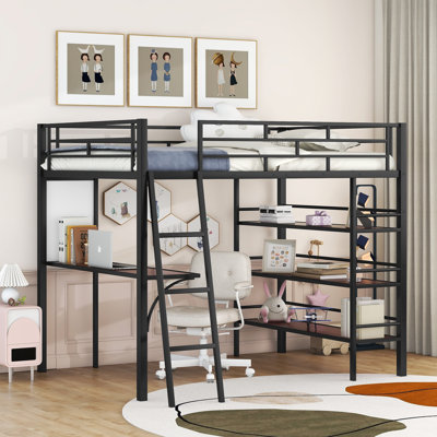 Lit mezzanine pleine grandeur avec 3 couches de tablettes et de bureau, lit à cadre élégant avec tableau blanc, durable et facile à assembler, idéal pour les chambres à coucher, noir