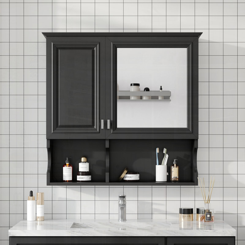 Armoire à pharmacie murale à miroir avec tablettes ouvertes, Noir