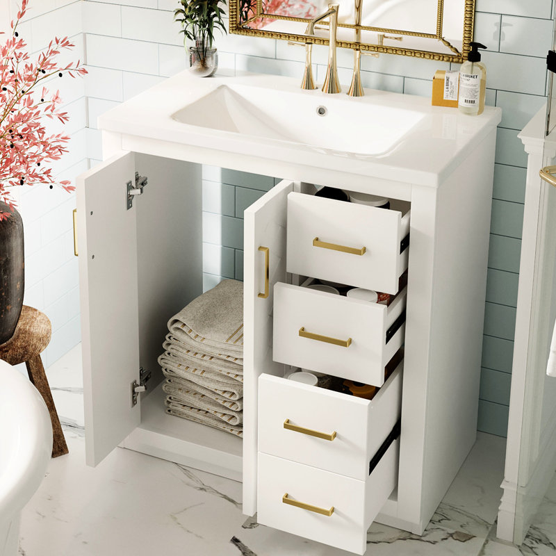 Meuble-lavabo de 30 po avec lavabo en céramique, structure en bois massif, charnières à fermeture en douceur, 3 tiroirs, rangement spacieux, motif de rainure unique, glissière de tiroir lisse, planches de style rétro, portes, rangement pour
