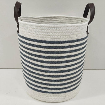 Navy Blue And Ivory Striped Laundry Hamper