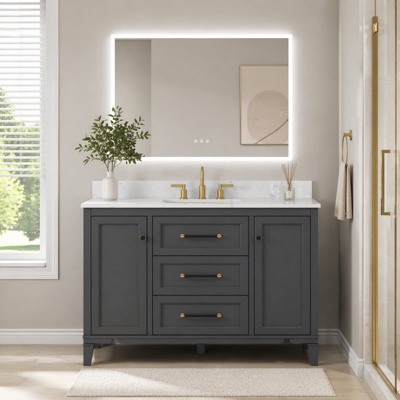 Ensemble de meuble-lavabo autoportant simple encastré avec plateau en pierre d'ingénierie 48 po AiaMus Oia