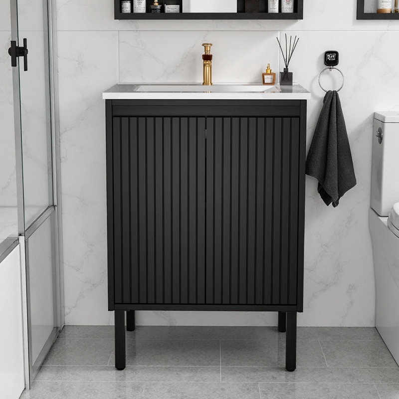 Meuble-lavabo de 24 po avec lavabo blanc, conception sur pied, tiroirs à fermeture en douceur, grand espace de rangement