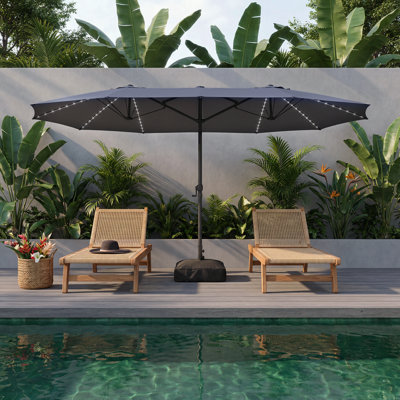 15FT Large Double Sided Patio Umbrella with Base, Fade Resistant Outdoor Umbrellas with Fiberglass Ribs, Solar Panel, LED Lights & USB Charging, Rectangular Market Umbrella with Aluminum Crank for Deck, Garden, Party, Navy Blue