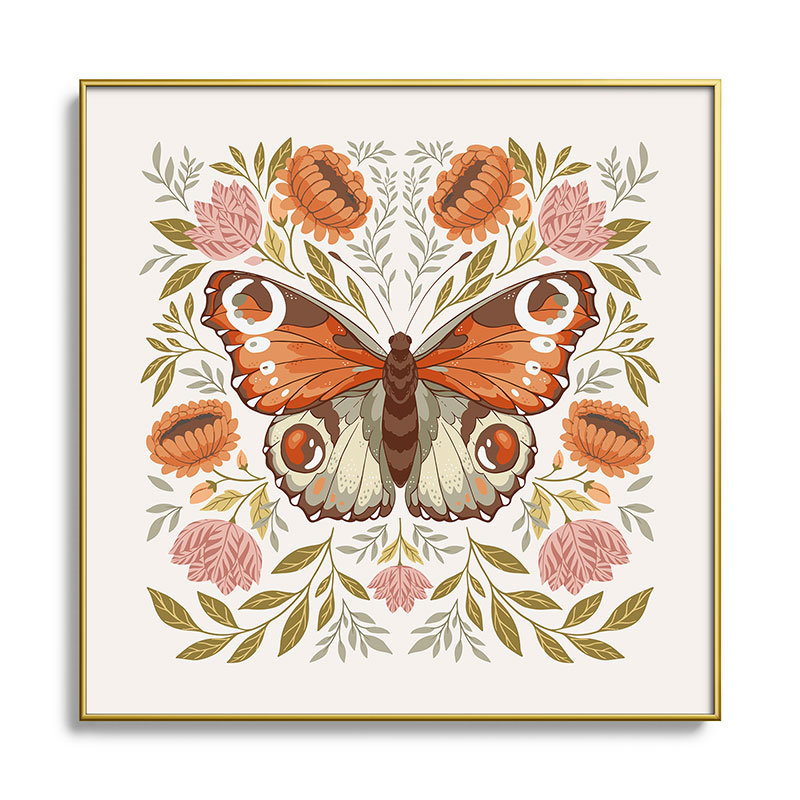 «Morris Inspired Butterfly», peinture sur verre encadrée, H 20 po x l 20 po x P 1 po, Or
