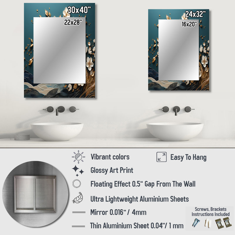 Miroir mural décoratif blanc et doré, 32 po x 24 po