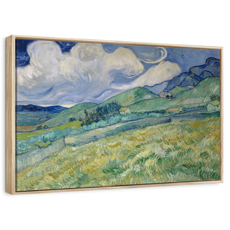 Champ de blé et montagnes 1889, Cadre flottant en bois naturel, 40 po x 27 po