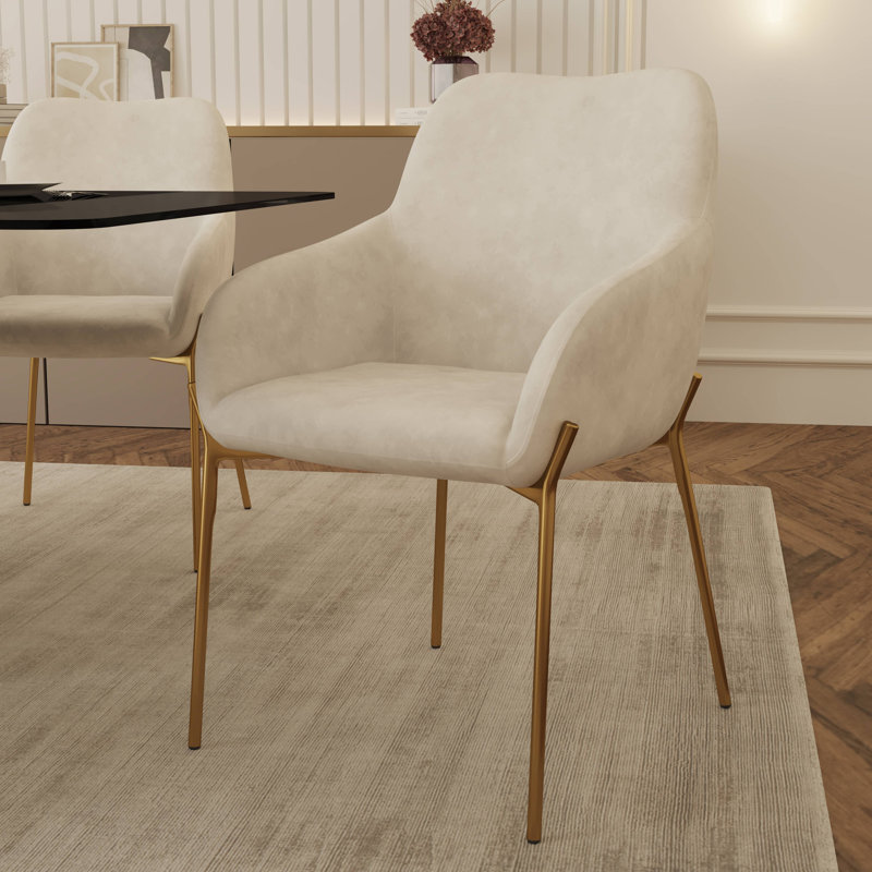 Kobinski Upholstered Dining Chair In Velvet/Leather/Boucle With Gold Chrome Iron, Beige