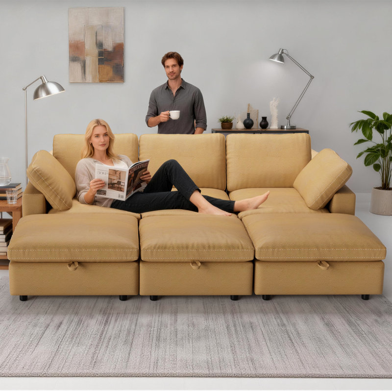 Pu Modular Sectional Sofa With Adjustable Backrest, Convertible L/U-Shaped Sleeper Couch For Living Room, Pu Sofa Bed Modern Reversible Design
