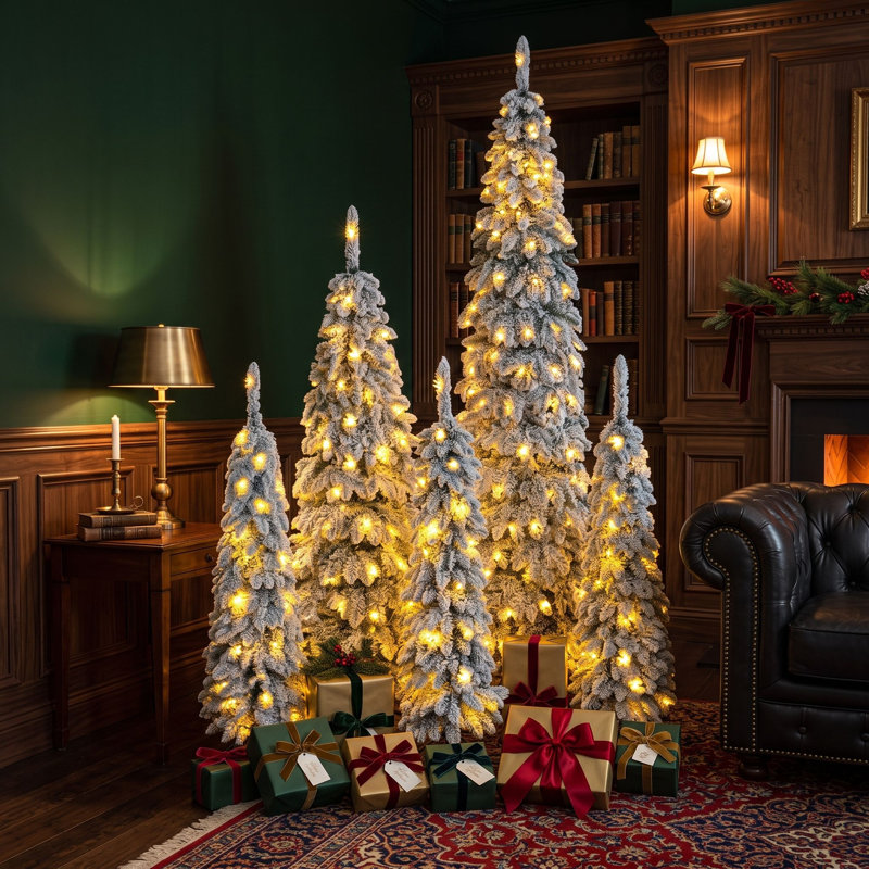 Ensemble de 5 sapins de Noël pré-illuminés en forme de crayon, en PVC effet neige, avec deux couleurs d'éclairage et 11 modes.
