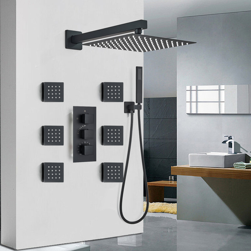 Thermostatic Complete Shower System with Rough in-Valve, Matte Black