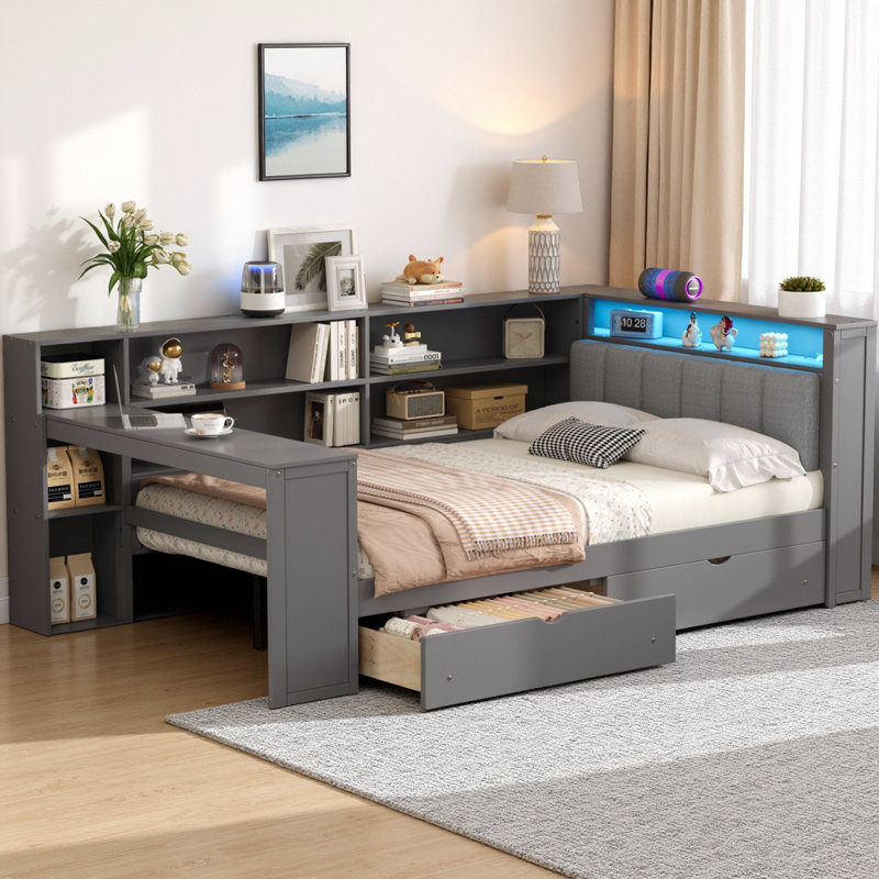 Full Size Multi-Functional Platform Bed - Upholstered Bed with Storage Shelves, Drawers, Charging Station, LED Headboard & Built-in Desk (550 lb Capacity)
