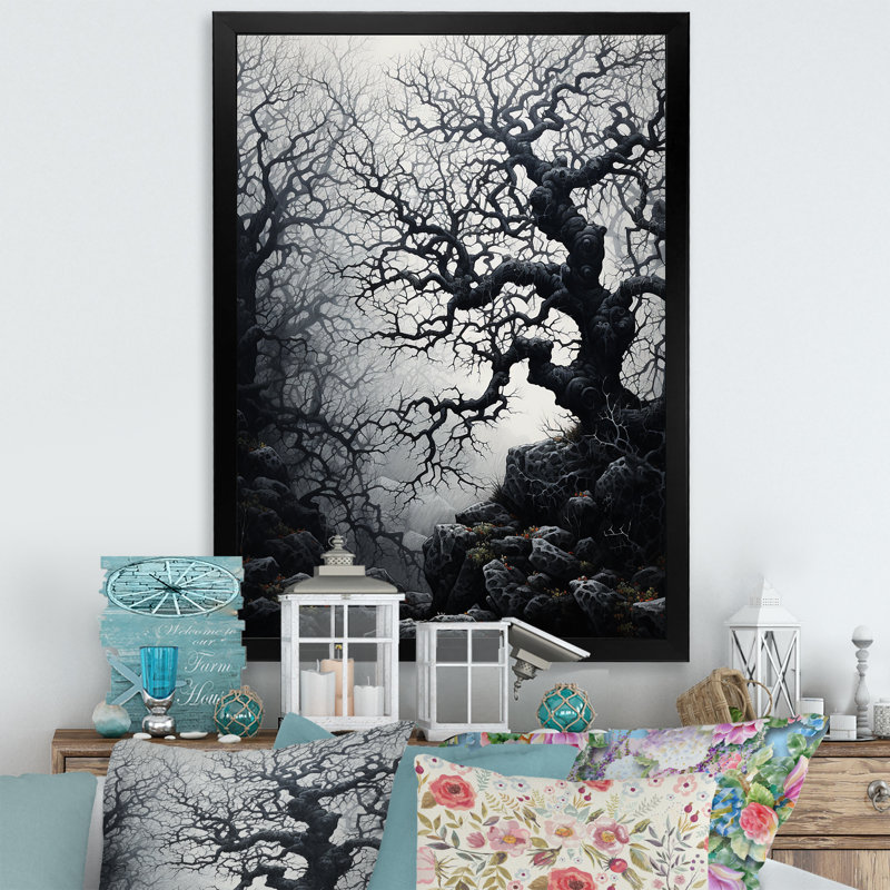 Décoration murale grise arbre éternel II - paysage arbres, H 20 po x l 12 po x P 1 po, Cadre photo noir