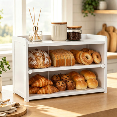 Boîte à pain à 2 niveaux pour comptoir de cuisine, en bois, grande boîte à pain 19,6 po, blanc