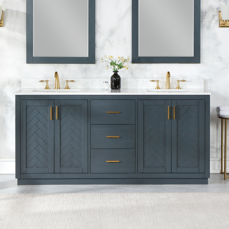Gazsi 72" Double Bathroom Vanity Set With Grain White Engineered Stone Countertop Without Mirror, Charcoal Blue