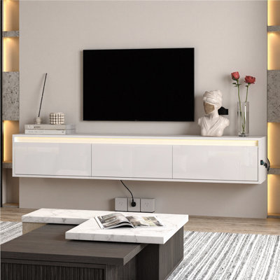 Élégant meuble télé flottant avec lumières DEL et prises de courant - Armoire murale moderne pour le salon