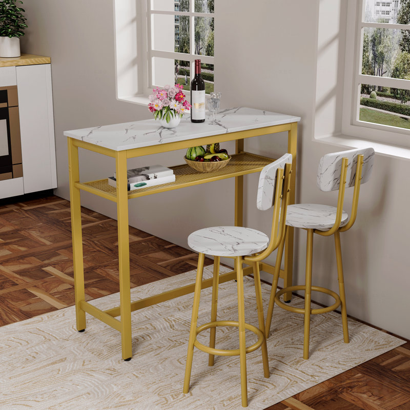 Dining Table Set With 2 Dining Stools,3 Piece Counter Height For Kitchen, Living Room, Small Apartment Breakfast Table White Fau X Marble Top