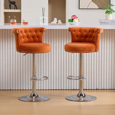 Ensemble de tabourets de bar en velours, tabourets pivotants réglables avec pieds en métal plaqués argent et têtes de clou chromées, hauteur de comptoir pour la cuisine et la salle à manger
