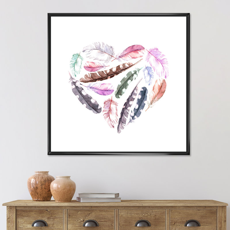 «Retro Heart with Pink Bird Feathers», impression sur toile, Cadre noir, H 16 po x l 16 po x P 1 po