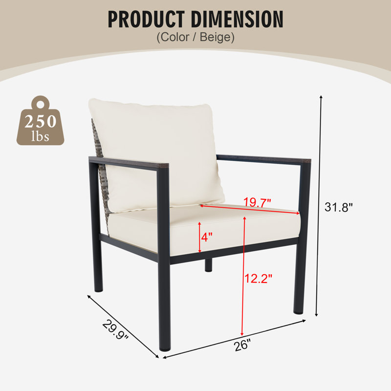 Outdoor Aluminum Patio Club Chair, Patio Wicker Dining Chair with Cushion & Weather Resistant PE Wicker Backrest for Patio, Deck, Balcony & Garden