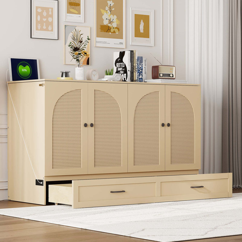 Lit escamotable peu encombrant avec rangement spacieux et charge USB, Doré
