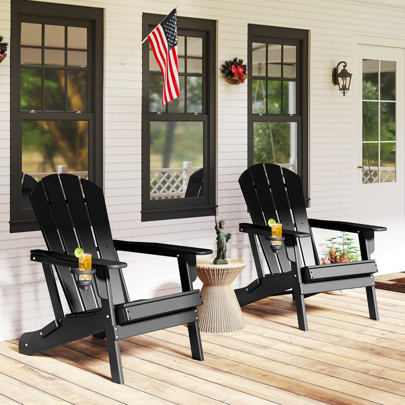 Set Of 2 Folding Adirondack Chairs With Cup Holder, All-weather Hdpe, Black