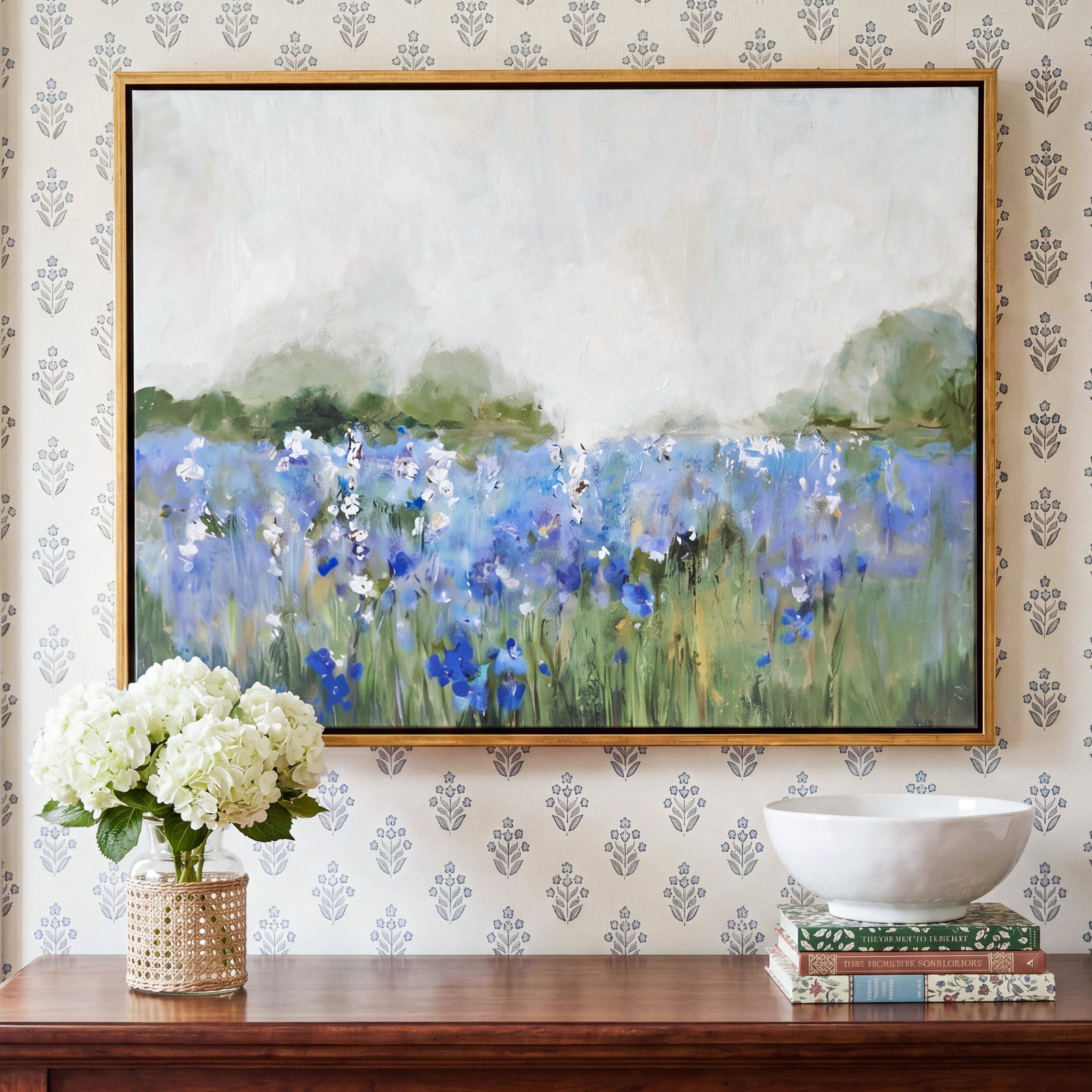 Meadows Bluebells Field by Allison Pearce, 31.5" H x 41.5" W x 2" D, Gold Framed