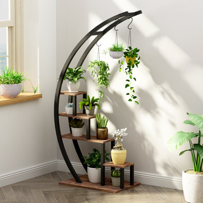 5-Tier Half Moon Plant Stand with Hooks, 56" Tall Metal & Wood Corner Shelf, Freestanding Flower Rack for Indoor Outdoor Garden & Living Room, Brown