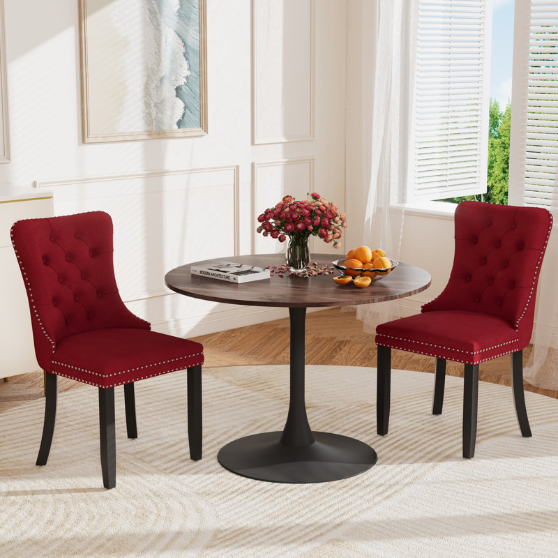 Round Pedestal Dining Set with 2 chairs, Brown/Black, Red