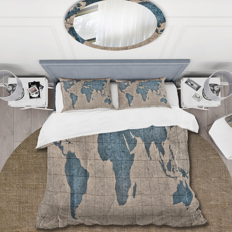 Ancienne carte du monde I - Ensemble de housse de couette rustique - Microfibre de polyester