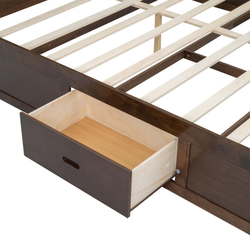 Lit plateforme très grand en bois avec tête de lit multi-rangements, ports USB et tiroirs, finition bois antique, Wood