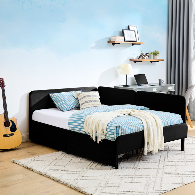 Lit réglable en velours pleine grandeur, noir, avec 2 tiroirs de rangement pour les options de chambre à coucher avec tiroirs à cadre plateforme de style minimaliste moderne