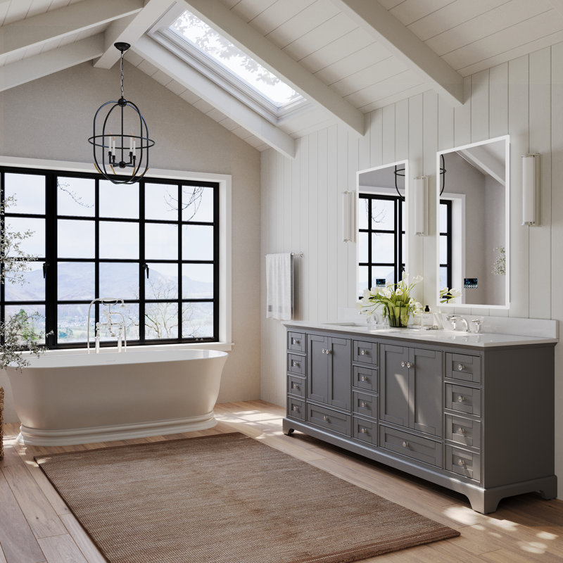 Audrey 84'' Free Standing Double Bathroom Vanity with Calacatta Quartz Top, Oak, Rose Gold