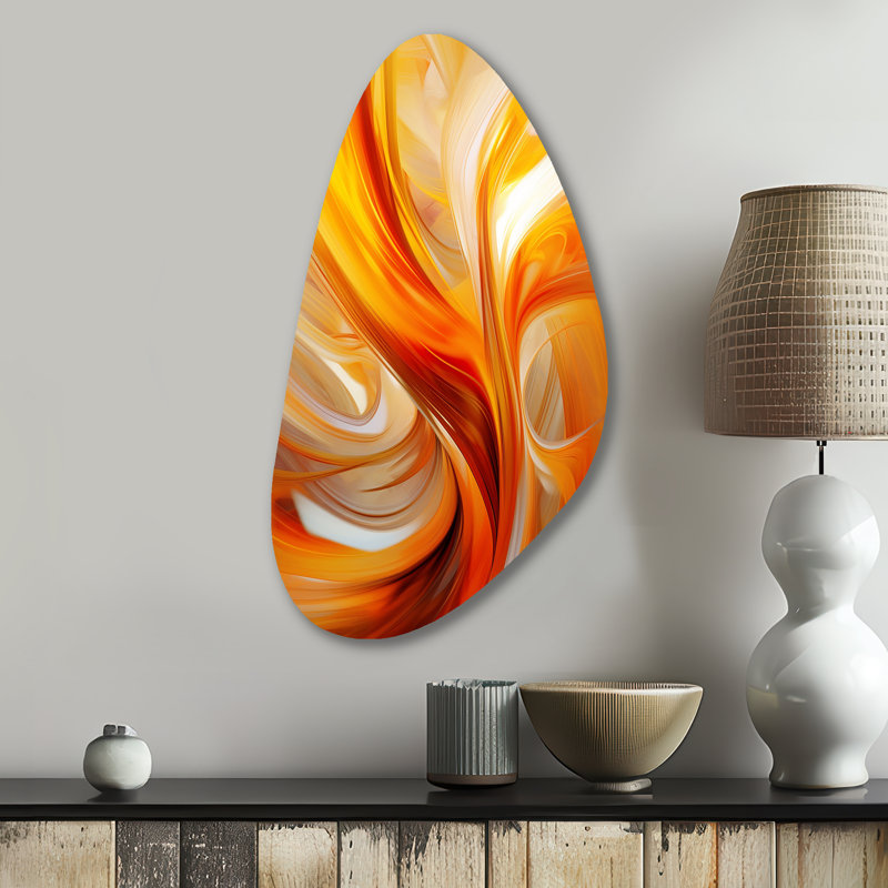«Orange Abstract Warm Fractal Design VII - Fractals», art mural asymétrique en métal, impression d'art en métal à forme libre orange
