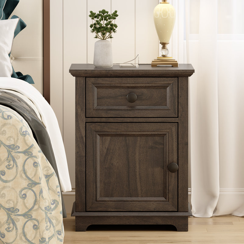 Azella 1-Drawer Frame End Table Set with Storage and Built-In Outlets, Rustic Brown