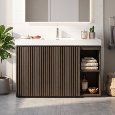 48" Plywood Bathroom Vanity with White Solid Surface Sink Basin, Single Cabinet in Smoked Oak with Open Shelf, Large Storage without Drain and Faucet
