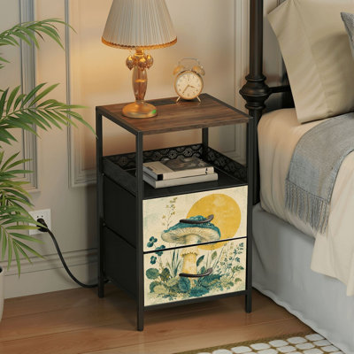Table de chevet 2 tiroirs avec station de charge, table de chevet pour chambre avec ports USB, tablette ouverte noire, table de chevet avec éléments floraux champignon rétro imprimé soleil jaune