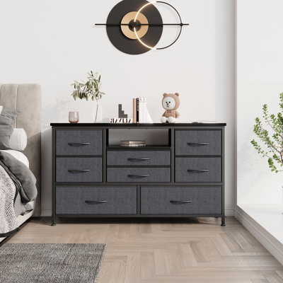 Meuble télé à 8 tiroirs pour téléviseur de 55 po ou moins avec prises de courant - lumières DEL - console de divertissement longue et large, rangement de tiroir en tissu