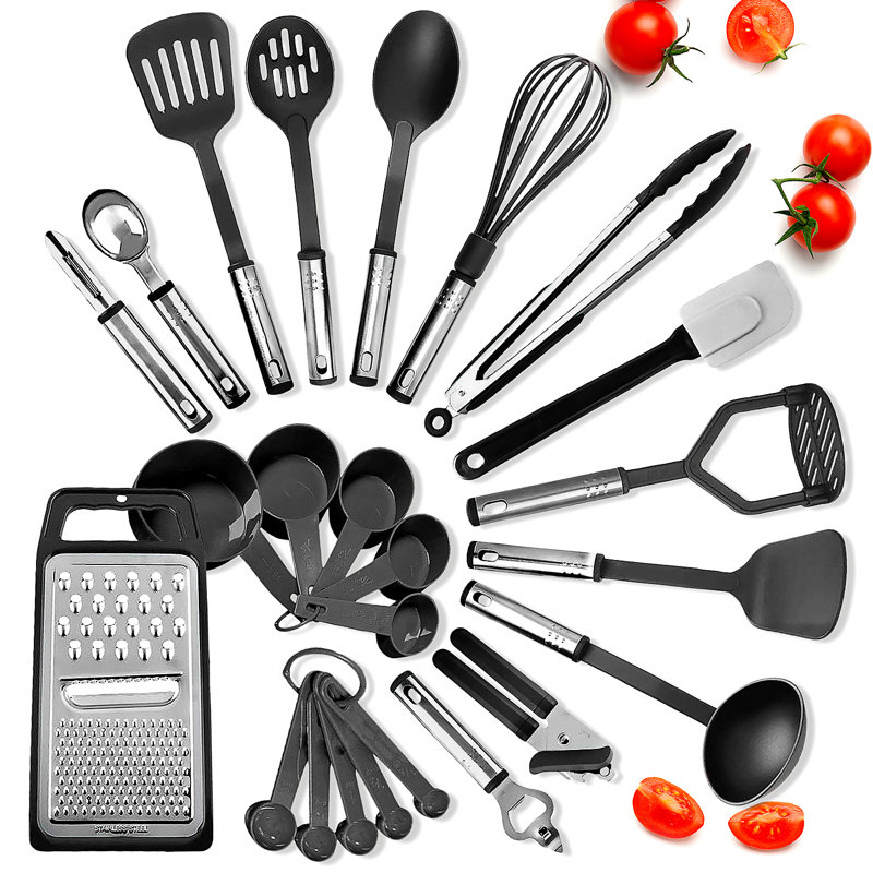 Ensemble 24 pièces d'ustensiles de cuisine en acier inoxydable, Noir, noir, noir, noir