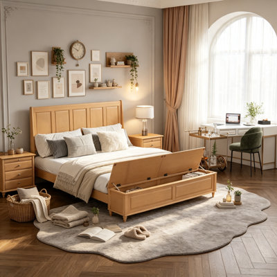 Solid wood Platform Bed with Lift Top Footboard Storage Bench, Farmhouse Bed with Headboard and Footboard, King Size, Natural