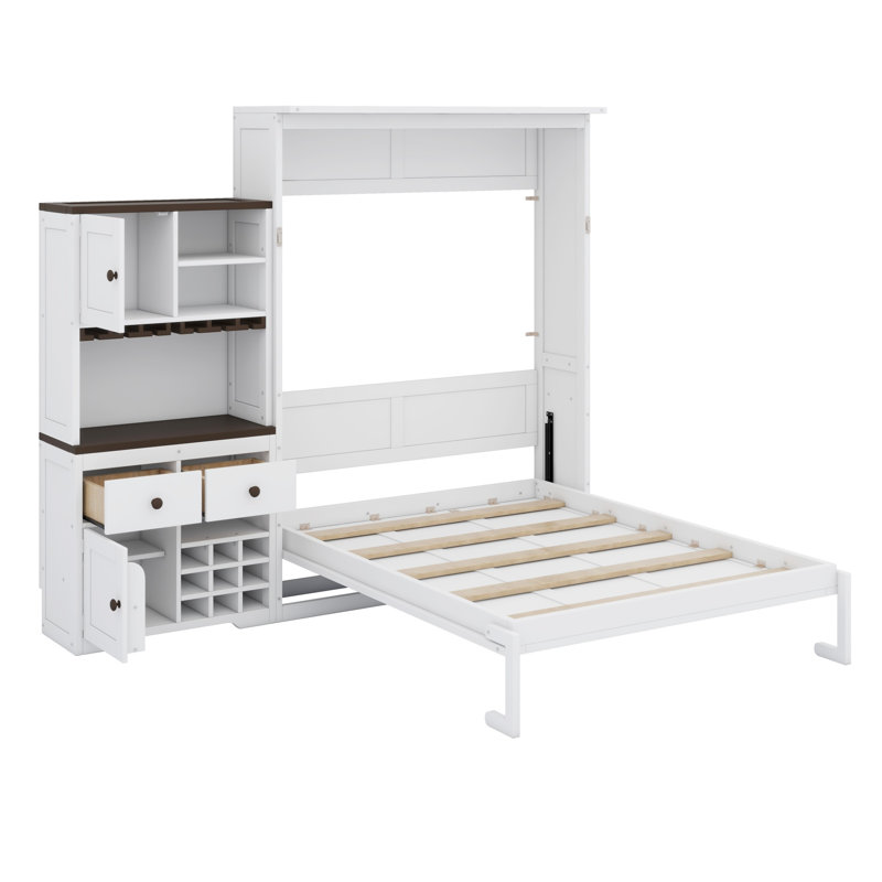 Lit escamotable avec armoire de rangement, support à vin, porte-verre, tiroirs et bande à DEL multicolore, Blanc