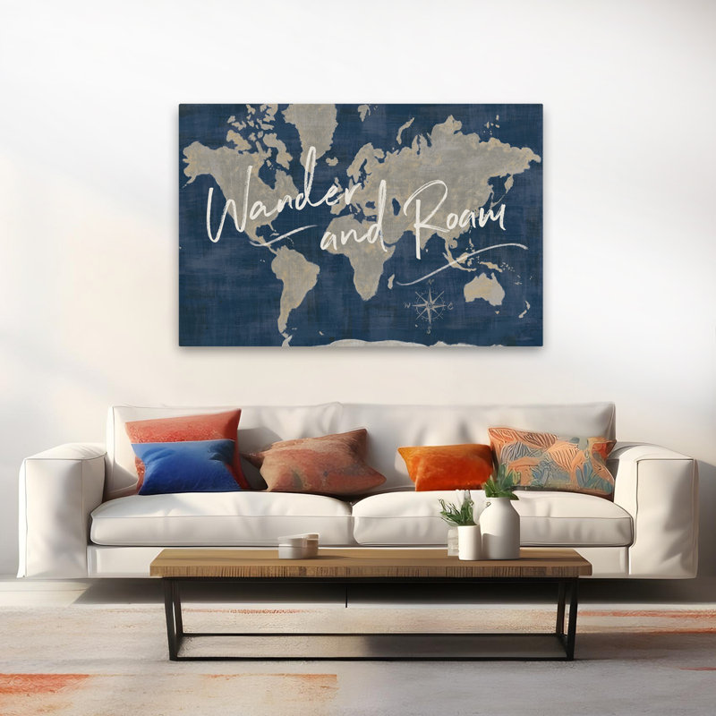World Map Collage Deep Wander contemporain bleu gris blanc beige Compas, H 60 po x l 40 po
